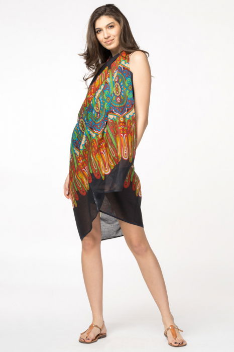 Esarfa mare dreptunghiulara tip pareo, cu imprimeu multicolor pe fond negru, din bumbac [2]