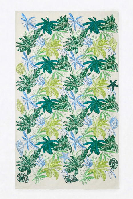 Esarfa mare dreptunghiulara tip pareo, cu imprimeu vegetal exotic verde pe fond alb, din bumbac [2]