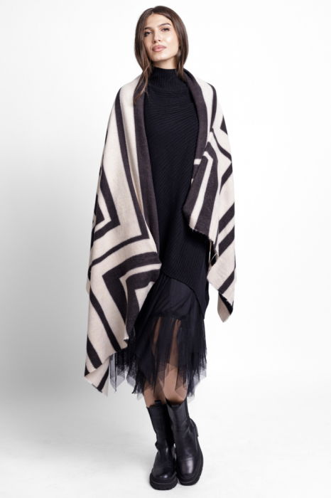 Esarfa mare tip sal cu dubla fata, imprimeu joc de linii cu negru si alb [3]