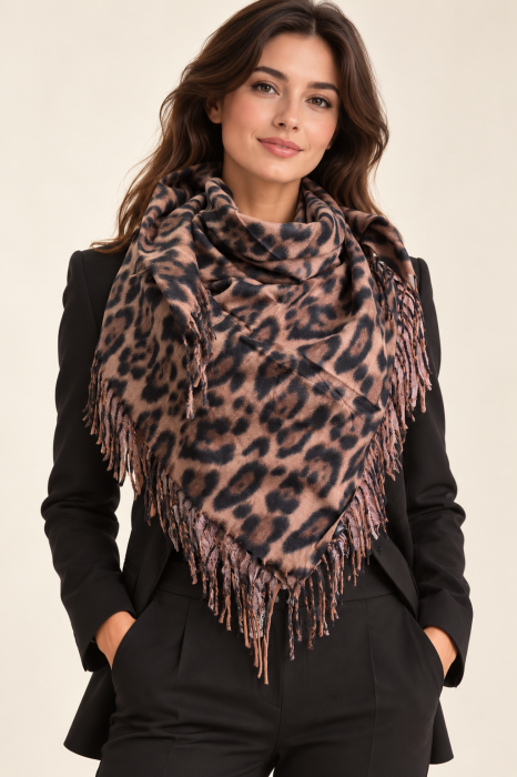 Esarfa patrata mare, imprimeu animal print cu maron si negru — Colecție Damă, Eșarfe și fulare