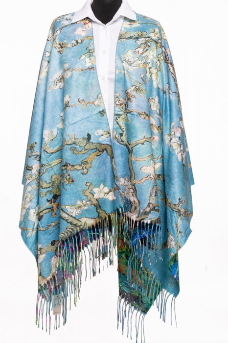 Esarfa poncho din casmir cu dubla fata, cu model inspirat  dupa    Migdal Inflorind   de Van Gogh