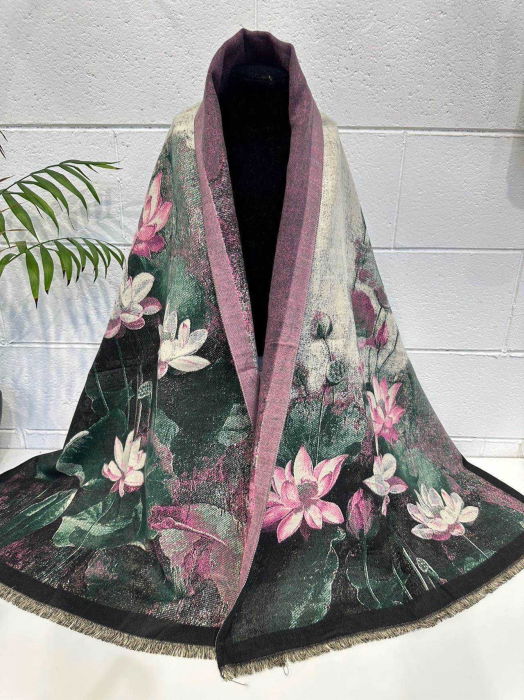 Esarfa premium din vascoza cu imprimeu abstract cu fucsia  si verde inchis