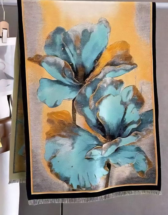 Esarfa premium din lana si bumbac cu imprimeu floral cu turcoaz si galben