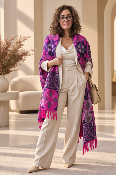 Esarfa premium din lana si vascoza cu imprimeu oriental floral cu fucsia, mov si bej