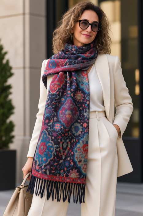 Esarfa premium din lana si vascoza cu imprimeu oriental floral cu turcoaz si rosu, pe fond bleumarin inchis