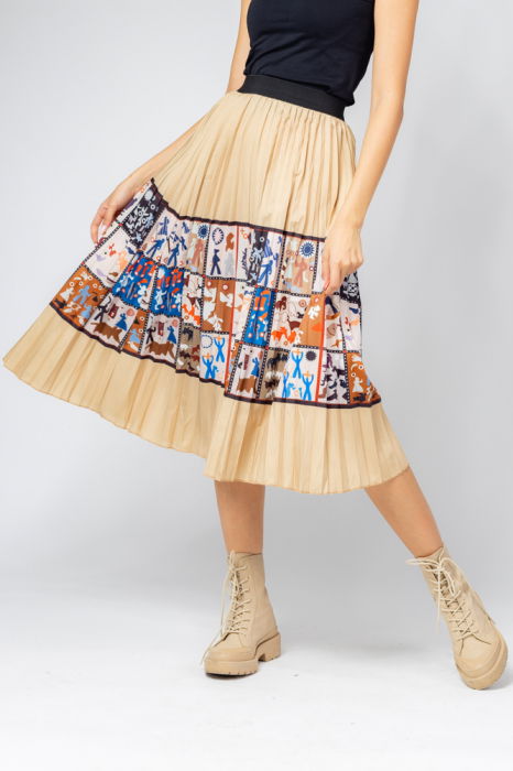 Fusta midi bej, cu pliuri si desene colorate [2]