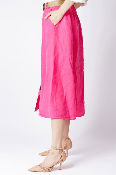 Fusta A-line din in, cu nasturi si o curea fancy, fucsia [3]