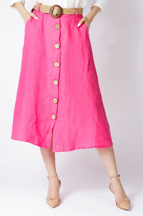 Fusta A-line din in, cu nasturi si o curea fancy, fucsia [2]