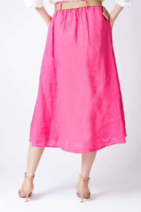 Fusta A-line din in, cu nasturi si o curea fancy, fucsia [4]