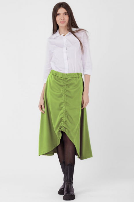 Fusta A-line din jerseu, asimetrica, cu snur vertical, verde oliv [3]