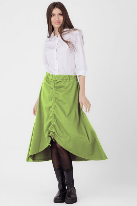 Fusta A-line din jerseu, asimetrica, cu snur vertical, verde oliv [2]