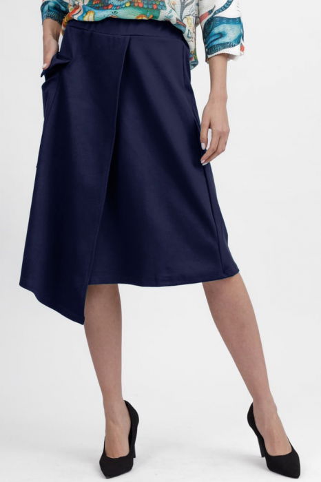 Fusta bleumarin midi petrecuta din punto milano, cu buzunar aplicat si colt [3]
