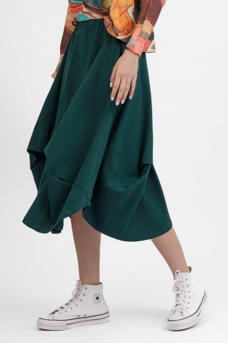 Fusta ampla din jerseu de bumbac, cu falduri in fata si spate, verde [3]
