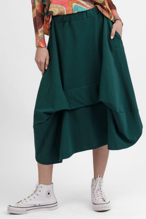 Fusta ampla din jerseu de bumbac, cu falduri in fata si spate, verde [2]