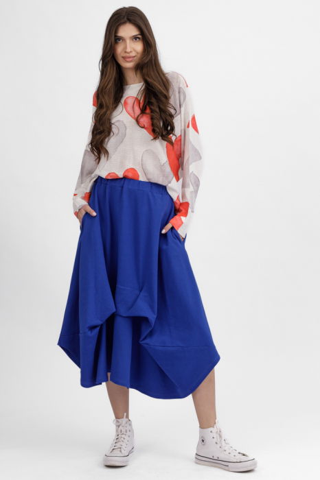 Fusta ampla din jerseu de bumbac, cu falduri in fata si spate, albastra [1]