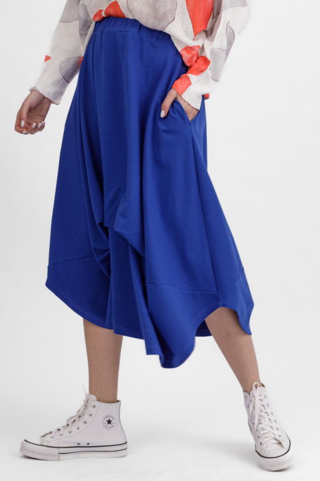 Fusta ampla din jerseu de bumbac, cu falduri in fata si spate, albastra [3]