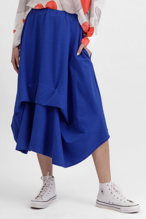Fusta ampla din jerseu de bumbac, cu falduri in fata si spate, albastra [2]