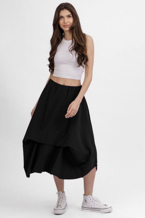 Fusta ampla din jerseu de bumbac, cu falduri in fata si spate, neagra [1]