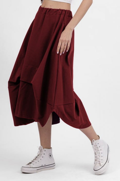 Fusta ampla din jerseu de bumbac, cu falduri in fata si spate, visiniu [4]
