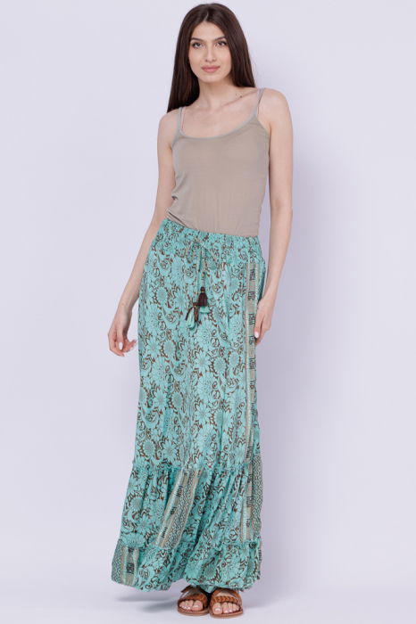 Fusta ampla cu doua volane din matase indiana cu flori turcoaz pe fond maro [3]