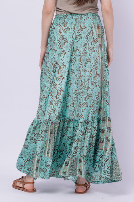 Fusta ampla cu doua volane din matase indiana cu flori turcoaz pe fond maro [2]