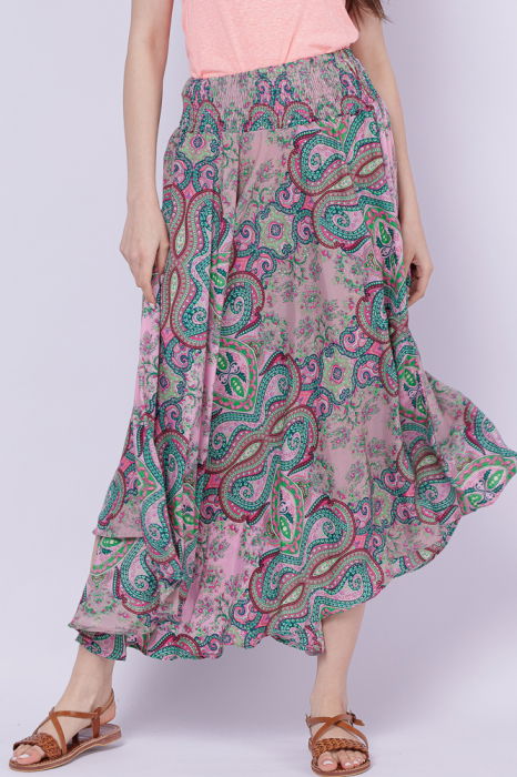 Fusta ampla din matase indiana cu flori bordo si verzi pe fond roz [3]