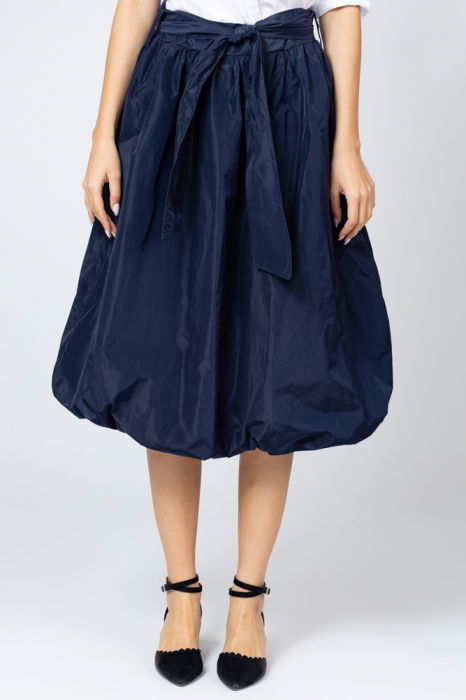 Fusta bleumarin  midi, tip gogosar, din tafta, cu curea [1]
