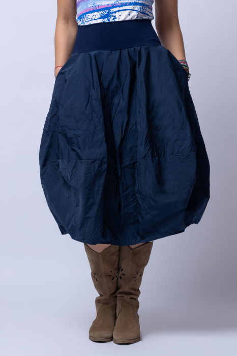 Fusta bleumarin midi, tip lalea, din tafta cu fir metalic [2]