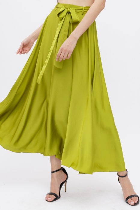 Fusta clos verde oliv din satin, cu elastic si cordon in talie [4]