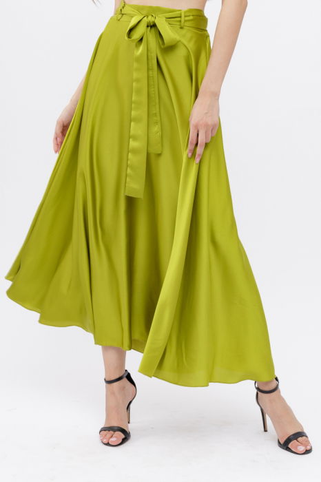 Fusta clos verde oliv din satin, cu elastic si cordon in talie [3]