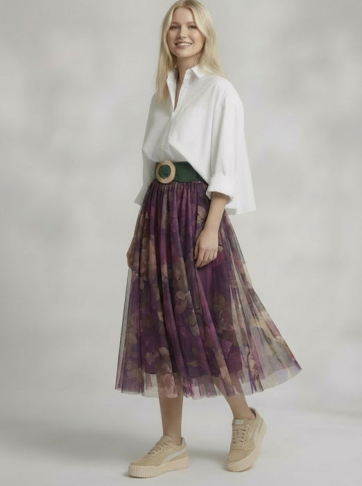 Fusta clos din tulle cu imprimeu florale in nunate de visiniu [1]