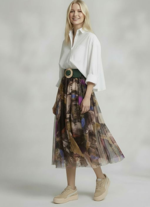 Fusta clos din tulle cu imprimeu pictural cu maro, bej, mov si albastru [1]