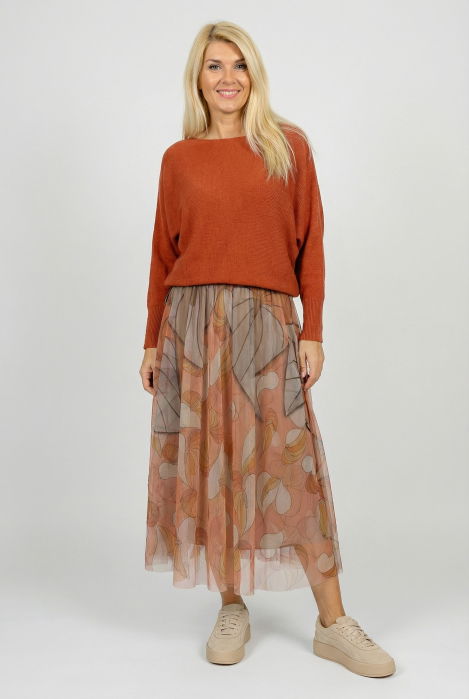 Fusta clos din tulle cu imprimeu floral in nuante de portocaliu si caramiziu [2]