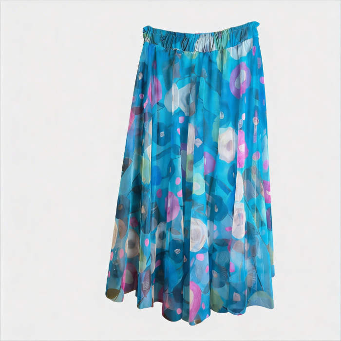 Fusta clos din tulle cu imprimeu floral pictural pe fond turcoaz [2]