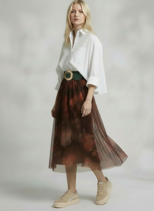 Fusta clos din tulle cu imprimeu floral in nuante de maro [3]