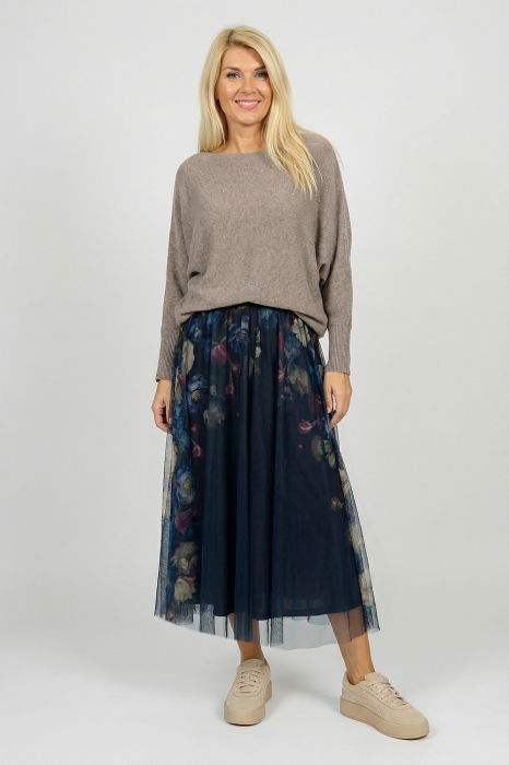 Fusta clos din tulle cu imprimeu lateral floral in nuante de bleumarin [2]
