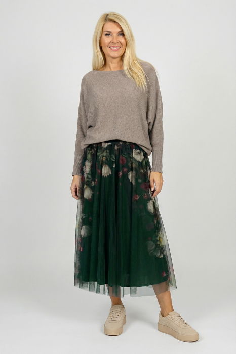 Fusta clos din tulle cu imprimeu lateral floral in nuante de verde inchis [2]