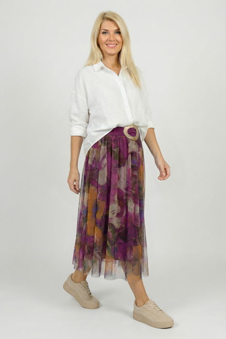 Fusta clos din tulle cu imprimeu pictural multicolor pe fond mov zmeura [2]