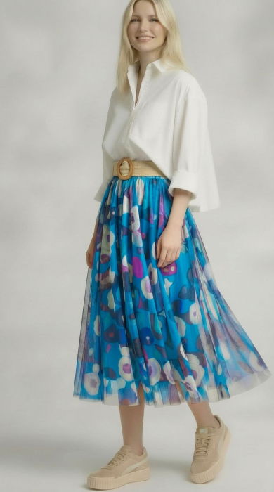 Fusta clos din tulle cu imprimeu floral pictural pe fond turcoaz [1]