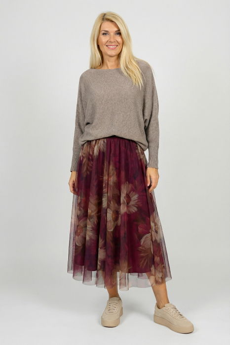 Fusta clos din tulle cu imprimeu floral in nuante de bordo [2]