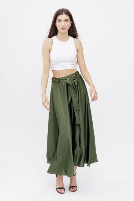Fusta clos kaki din satin, cu elastic si cordon in talie [4]