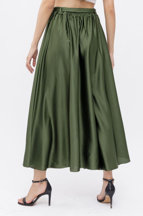 Fusta clos kaki din satin, cu elastic si cordon in talie [3]