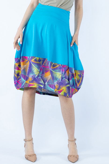 Fusta turcoaz din jerseu, midi, tip lalea, cu imprimeu la poale [2]