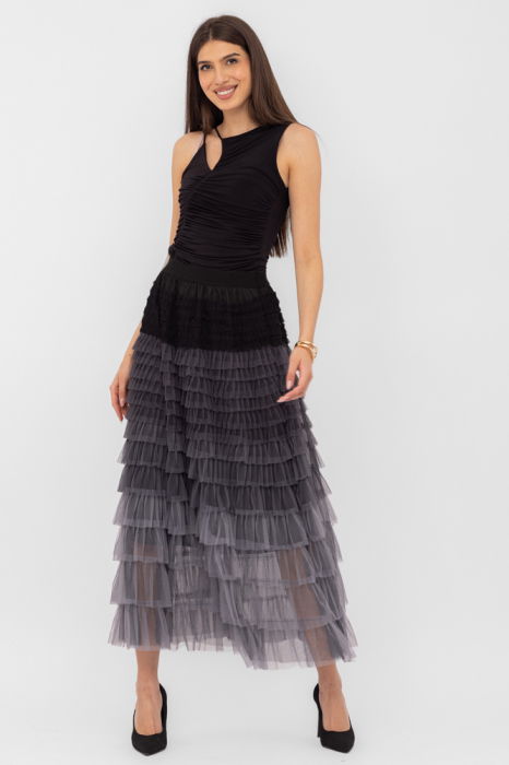 Fusta maxi din tulle, cu volane suprapuse, in degrade gri-negru [3]