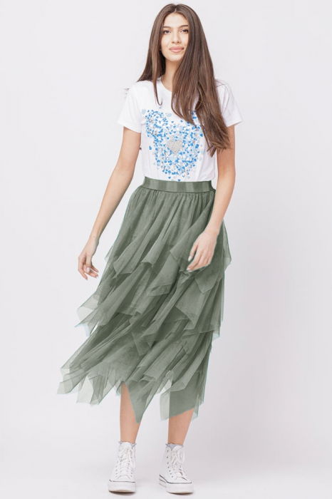 Fusta din tulle, in straturi inegale, lunga, kaki [3]