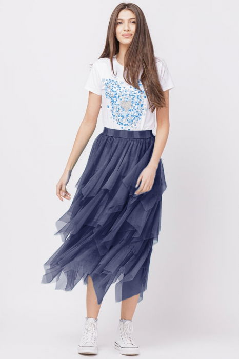 Fusta din tulle, in straturi inegale, lunga, bleumarin [3]