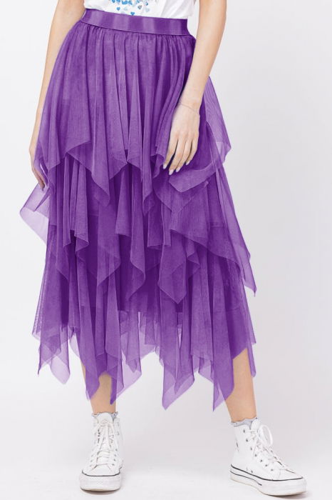 Fusta din tulle, in straturi inegale, lunga, mov
