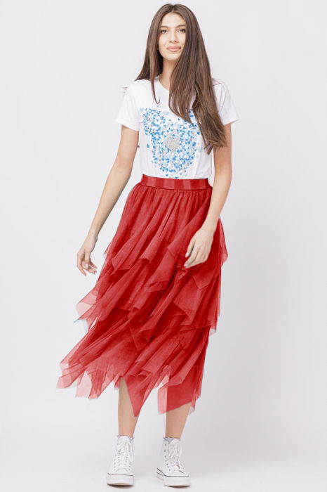 Fusta din tulle, in straturi inegale, lunga, rosie [3]
