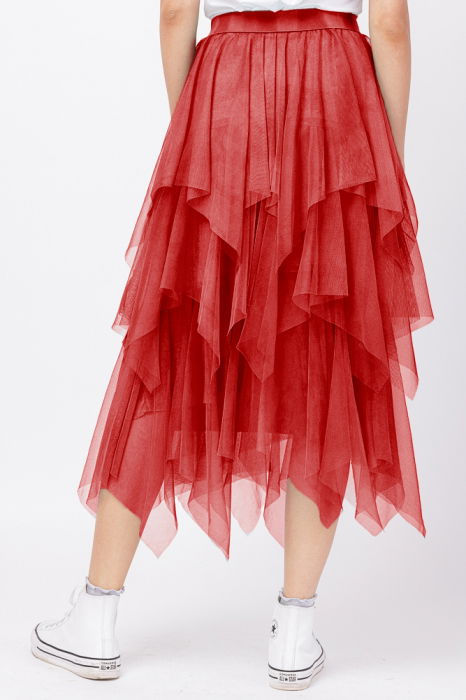Fusta din tulle, in straturi inegale, lunga, rosie [2]