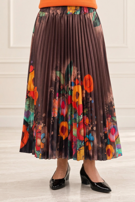 Fusta eleganta , plisata maro, cu imprimeu floral multicolor